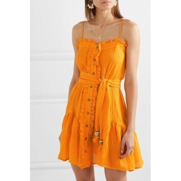 LISA MARIE FERNANDEZ Dress Sz 0 Orange Gauze Square Neck Mini Ruffled Spaghetti - Picture 1 of 13